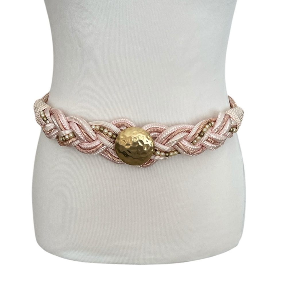 NWOT Vintage Pink Macramé Rope Belt with Pearls & Hammered Gold Medallion OS